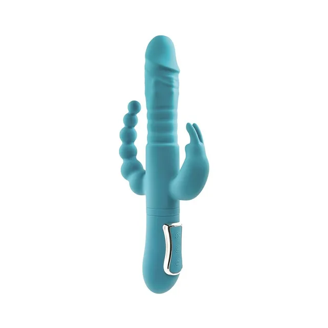 Adam & Eve teal Thrusting Triple Joy Rabbit straight front view with textured main shaft