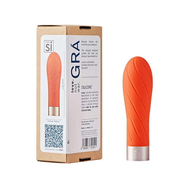 orange Love Not War Gra textured head beside its cardboard retail box