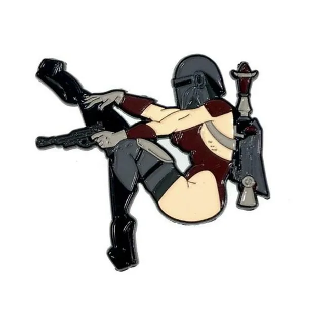 Lady Hunter enamel pin with gray helmet, red-brown outfit and black boots