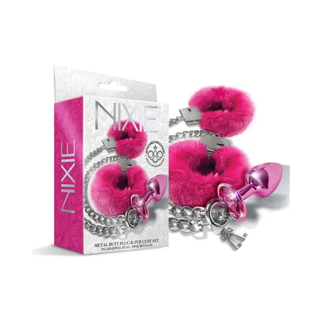 Nixie pink jeweled plug and furry handcuff set beside retail box