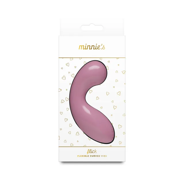 Minnie's Flick pink S-curved handheld vibrator inside the white hanging retail box