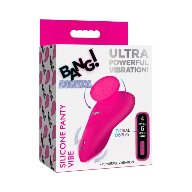 BANG silicone panty vibrator with digital remote in black-and-pink retail packaging