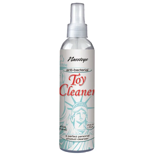 Clear 4 oz Nasstoys toy cleaner bottle with white spray pump and teal label