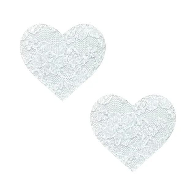 Pair of white Neva Nude heart pasties with floral lace pattern