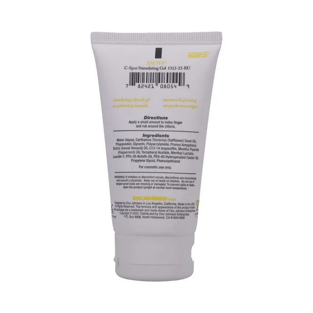 Rear label of Excite C-Spot cream bulk squeeze tube