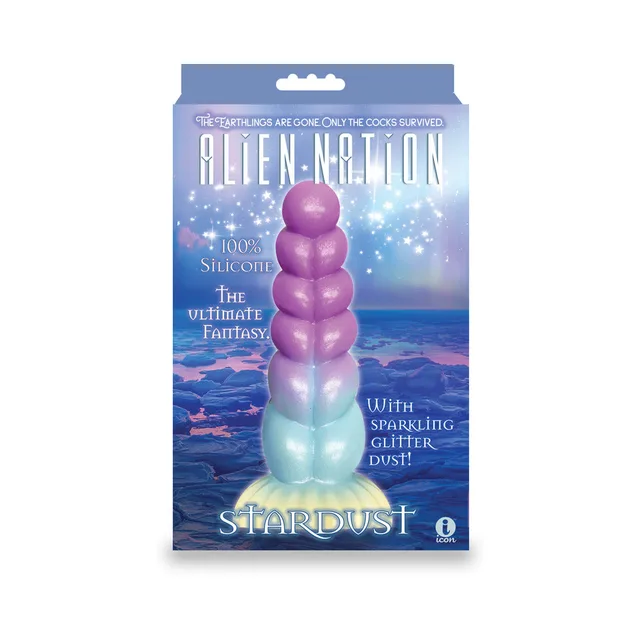 AlienNation Stardust box with purple aqua and yellow stacked-bulb silicone dildo