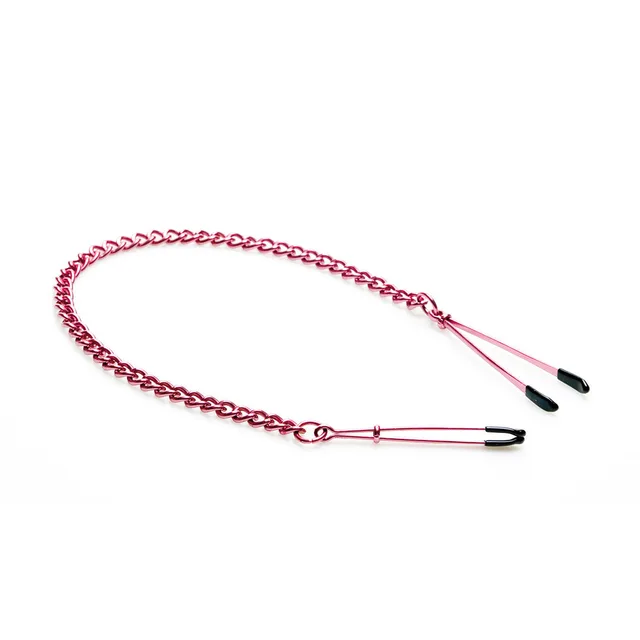 pink chain connecting a pair of black-tip tweezer nipple clamps