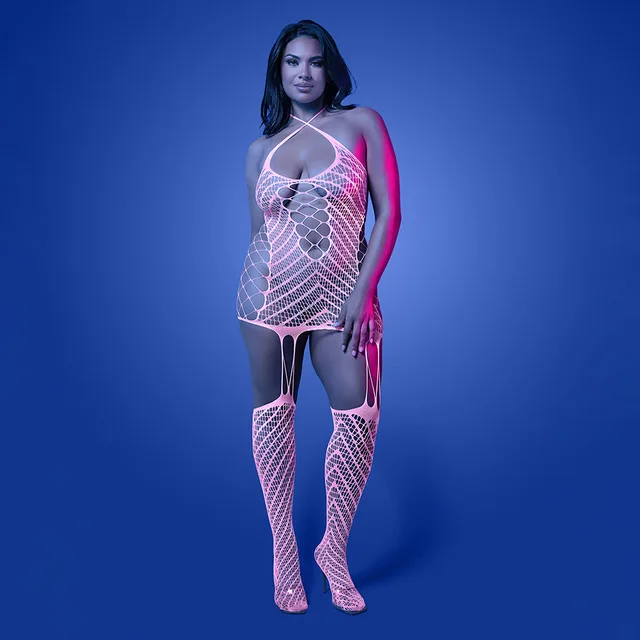 Fantasy Lingerie Metamorphic white bodystocking Queen Size front fit with open geometric knit and thigh-high leg sections