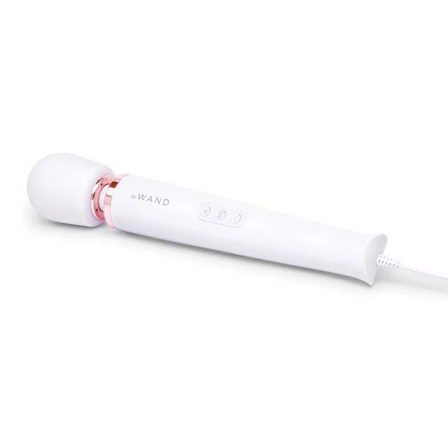 white Le Wand corded massager angled on a white background