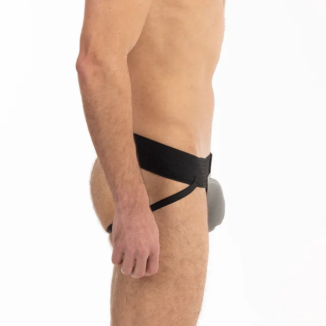 Side profile of XL gray pouch Prowler RED jockstrap