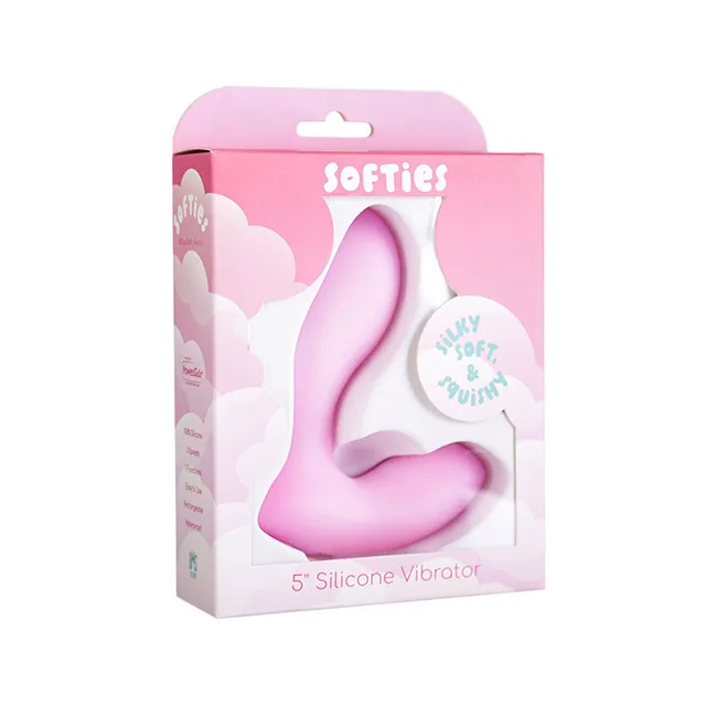 BMS Softies 5-inch silicone vibrator in pink inside a pink and white window retail box