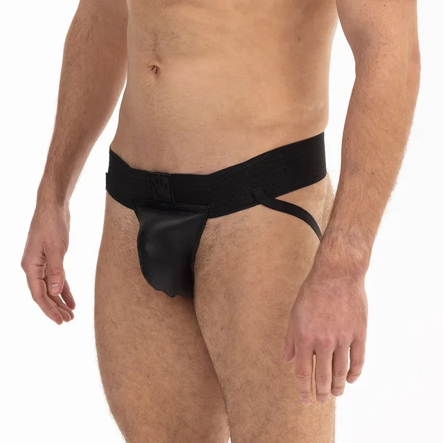 Angled front view of XL Prowler RED black pouch jockstrap