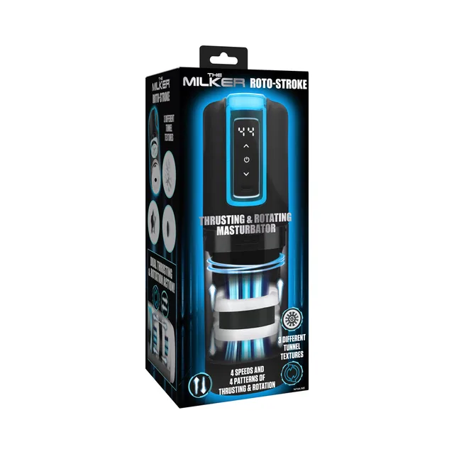 The Milker Roto-Stroke black masturbator in blue-accent retail box