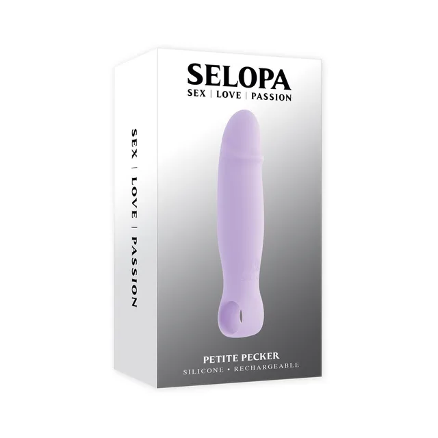 Selopa Petite Pecker Purple vibrator beside retail box