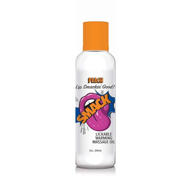 Smack Peach massage oil in clear bottle with orange cap