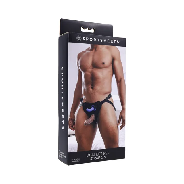 Sportsheets Dual Desires black strap-on harness pictured on retail box