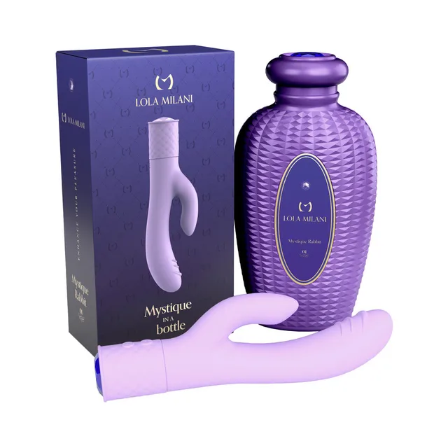 lilac Lola Milani Mystique Rabbit vibrator with purple sculpted bottle and box