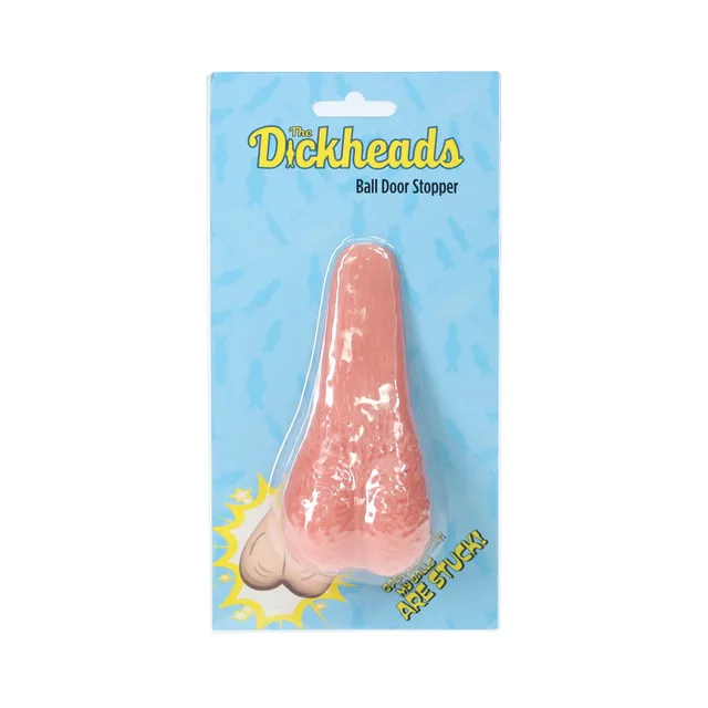 beige Dickheads ball-shaped door stopper sealed on blue hanging card