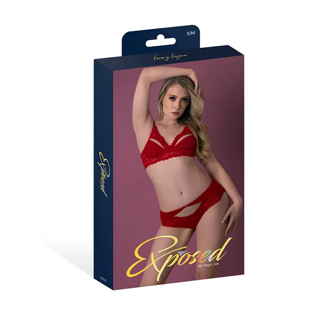 Magic Silk Rush red bra and panty set S/M displayed in purple retail packaging