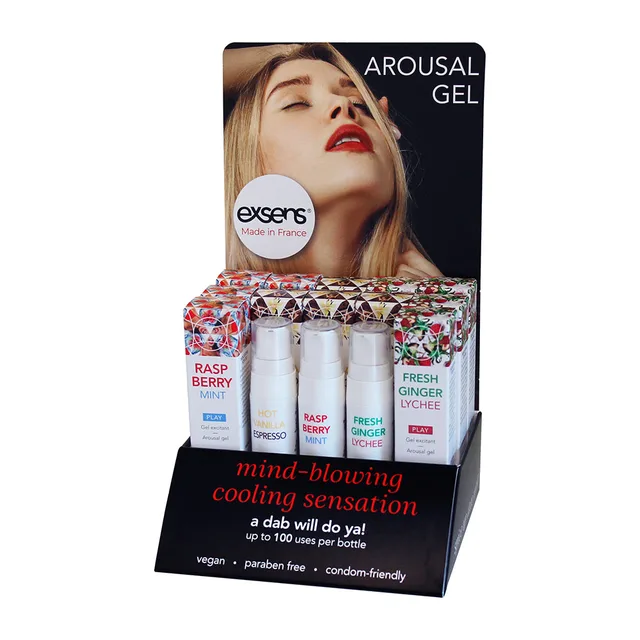 Black Exsens Arousal Gel counter display with four color-coded varieties