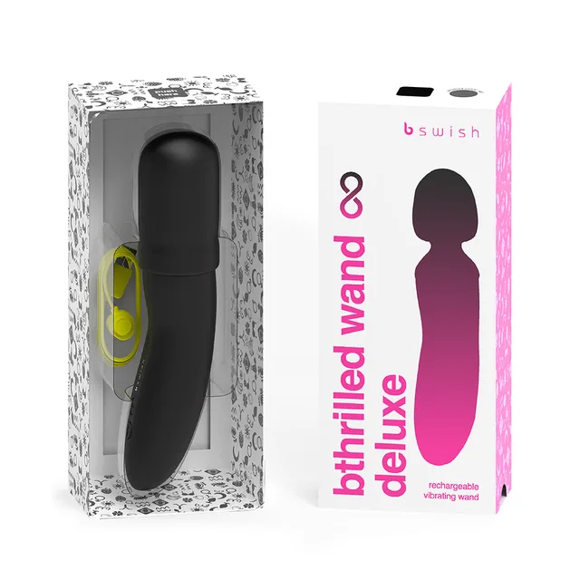 black B Swish Bthrilled mini wand displayed beside its white retail box