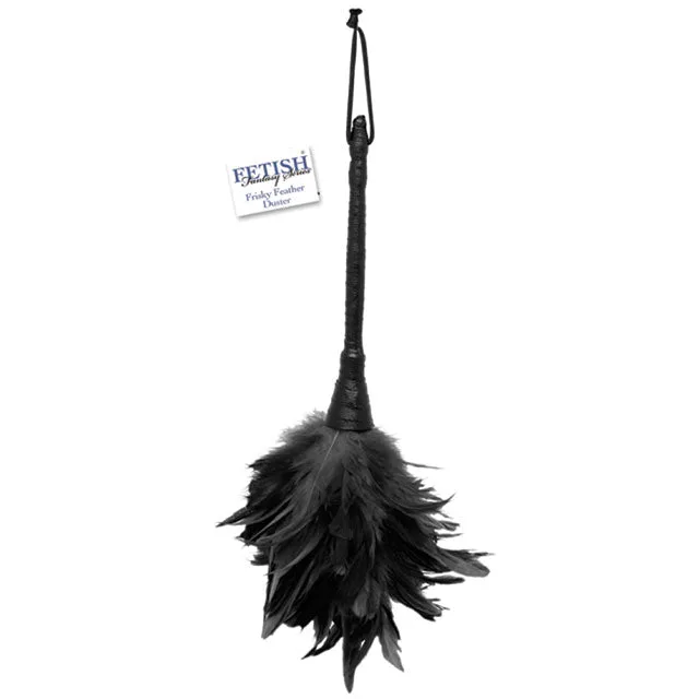 Black Fetish Fantasy feather duster with layered feathers, long handle, wrist loop, and tag