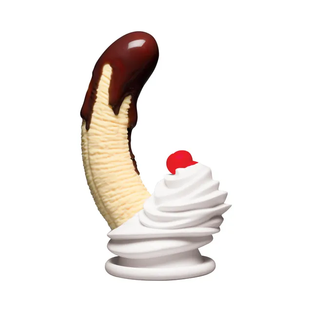 Simply Sweet Chocolate Banana Split silicone dildo upright with chocolate tip and cream base