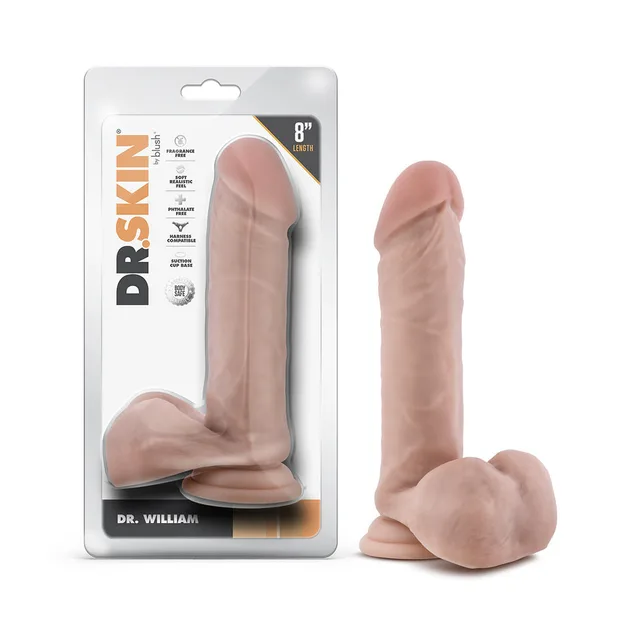 Blush Dr. Skin Dr. William beige 8-inch TPE dildo beside front retail package
