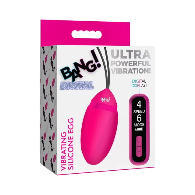 BANG silicone vibrating egg with digital remote in pink-and-white retail packaging