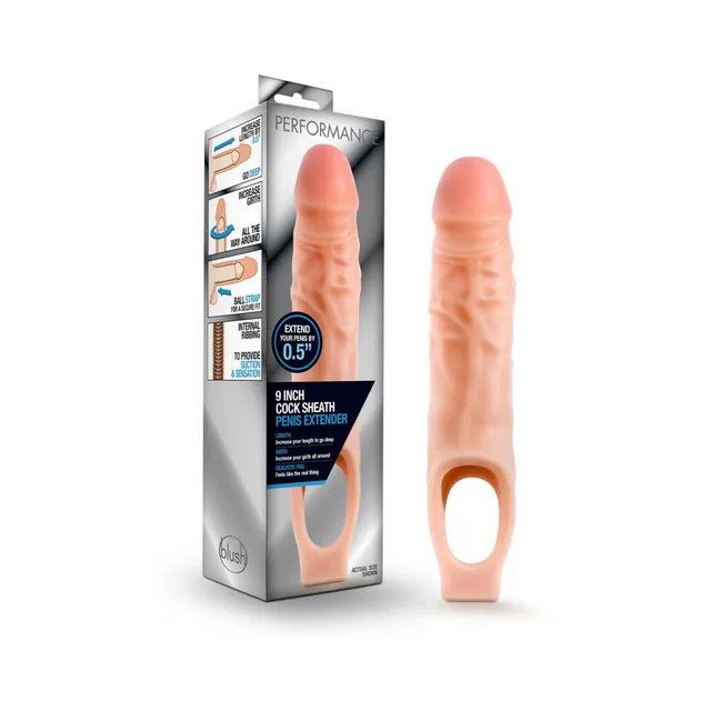 Blush Performance nine-inch beige cock sheath beside retail package