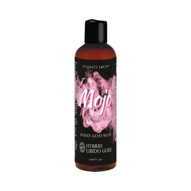 Four-ounce Intimate Earth Mojo Horny Goat Weed bottle with black cap