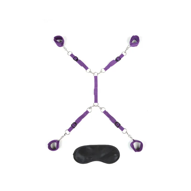 Purple four-cuff bed restraint straps arranged in an X shape