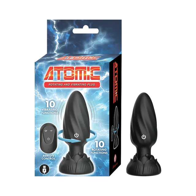 Nasstoys Atomic black rotating vibrating plug base view with charging port and embossed logo