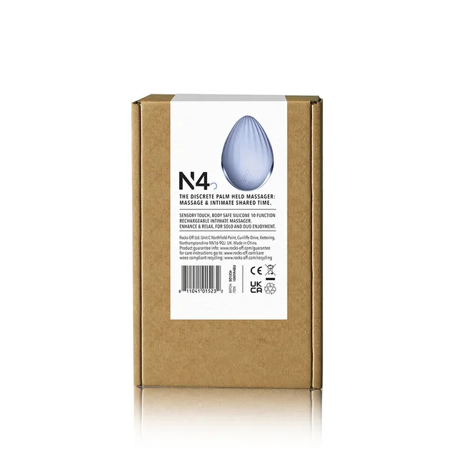 Rocks-Off NIYA 4 cornflower palm-held silicone massager rear retail box panel
