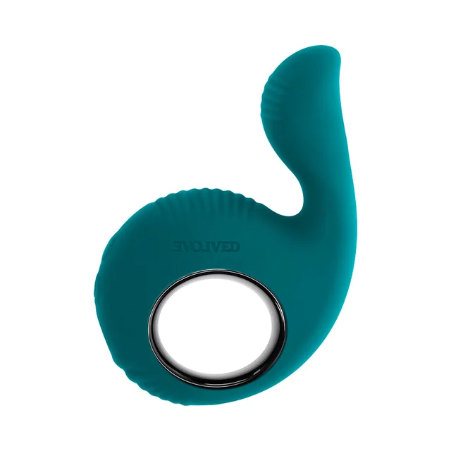 Evolved Thumbs Up teal ring-handle vibrator left side view with circular handle