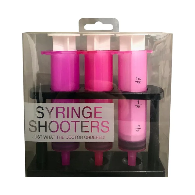 three pink syringe-shaped shooters arranged in clear display box