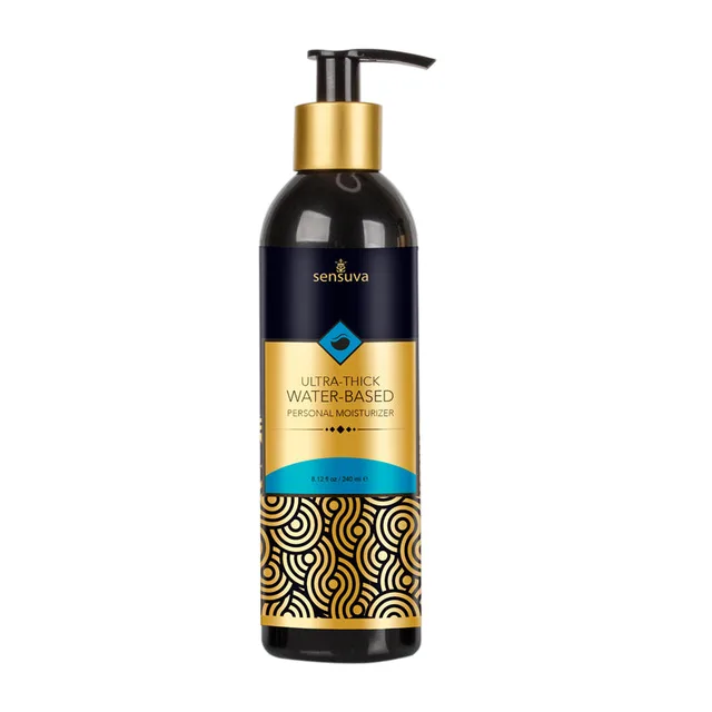 Sensuva Ultra-Thick 8 oz black pump bottle with gold and blue label