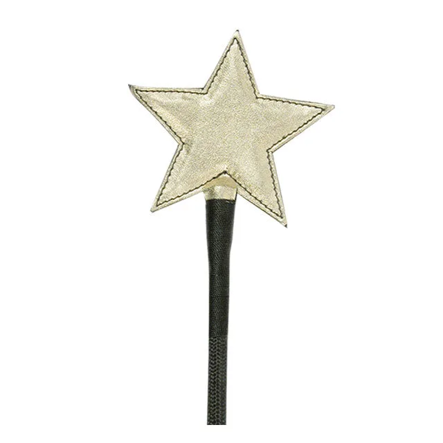 Metallic star-shaped leather crop with stitched edge and black handle