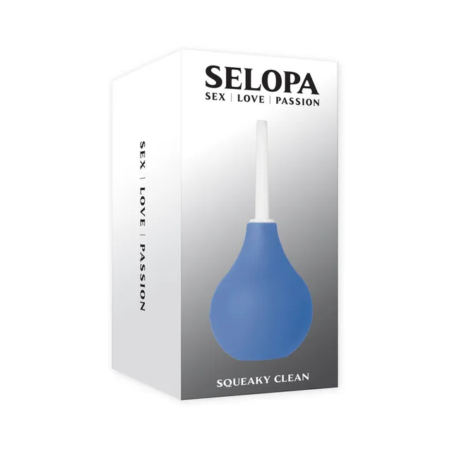 Blue Selopa Squeaky Clean bulb douche pictured on white box