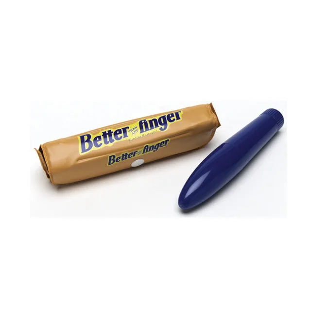 Little Genie Better Finger blue vibrator beside cylindrical storage case