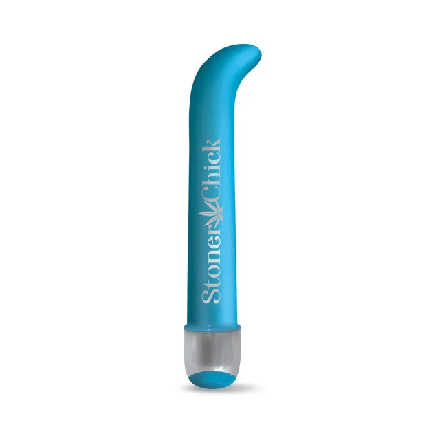 Front view of blue Stoner Chick vibrator with curved tip