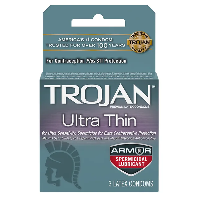 Trojan Ultra Thin Armor Three-Pack in blue-gray carton