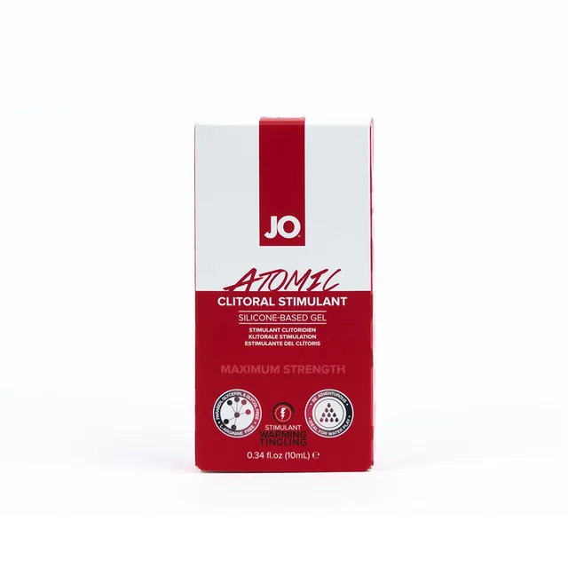 Front of red-and-white JO Atomic 0.34 oz silicone-based stimulant carton