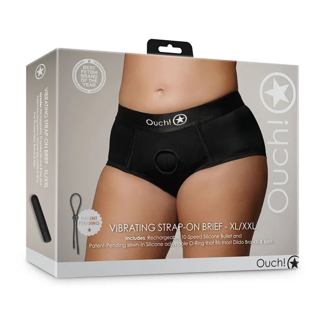 Shots Ouch black XL/2XL vibrating strap-on brief front retail box