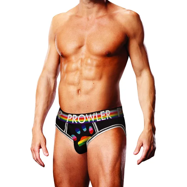 Front view of black Prowler paw-print open brief size XL