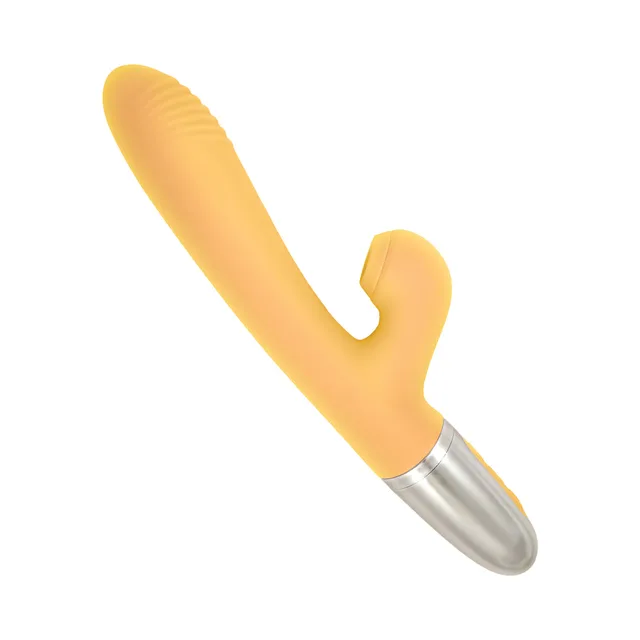Angled yellow Goddess vibrator with ribbed shaft and short external arm