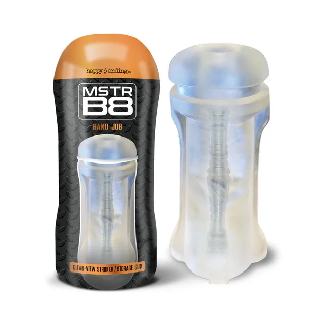 Clear TPE Hand Job sleeve beside black and orange canister