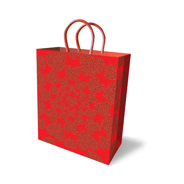 Red Glitter Hearts gift bag with gold pattern and handles