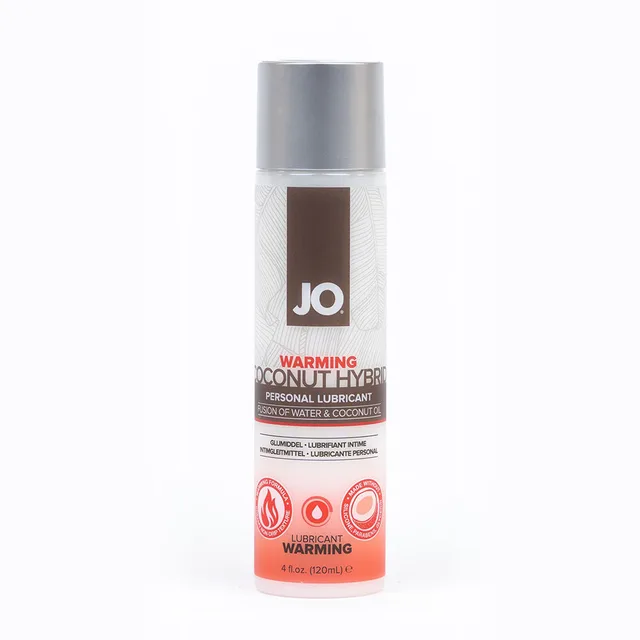 System JO Coconut Hybrid Warming 4 oz silver pump bottle front with orange label