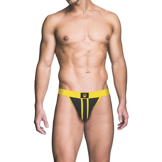 Front of black Prowler RED jock with yellow seams size S